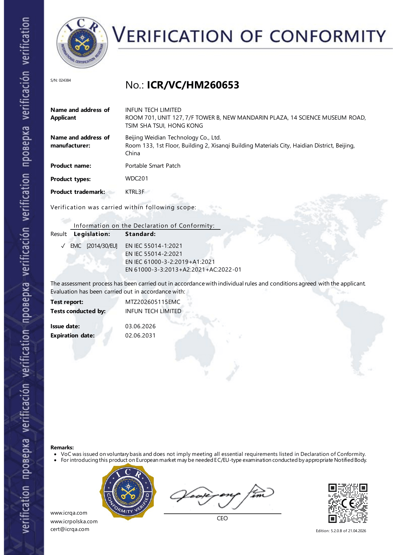 Verificación de Conformidad del parche inteligente portátil KTRL3F modelo WDC201
