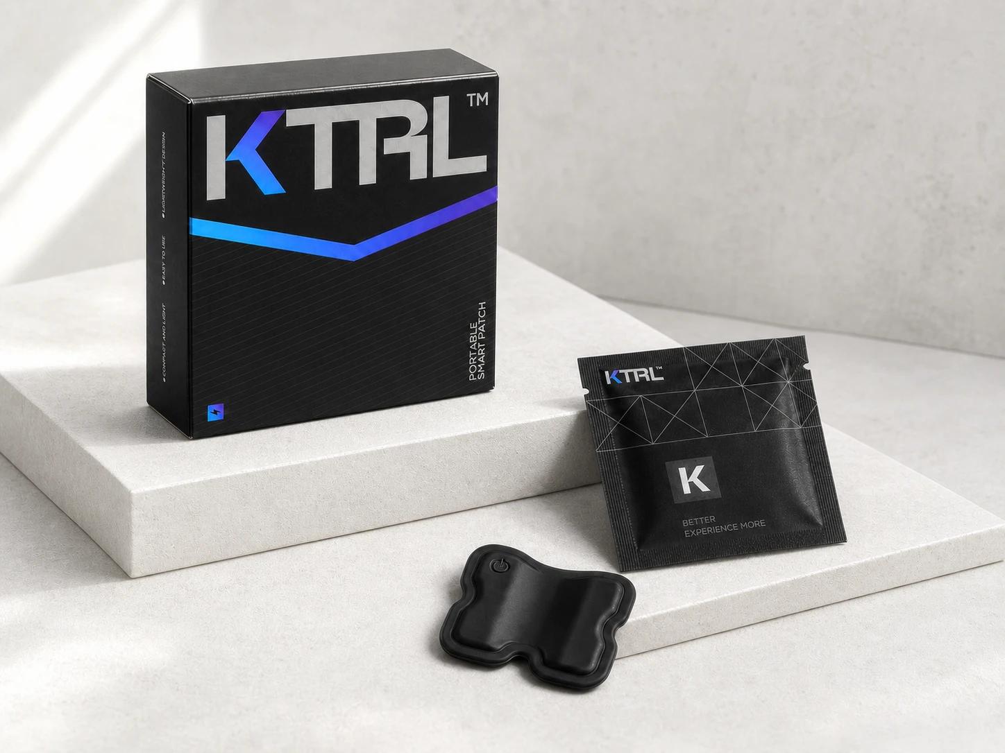 KTRL box, individual pouch and smart patch on a sunlit stone display