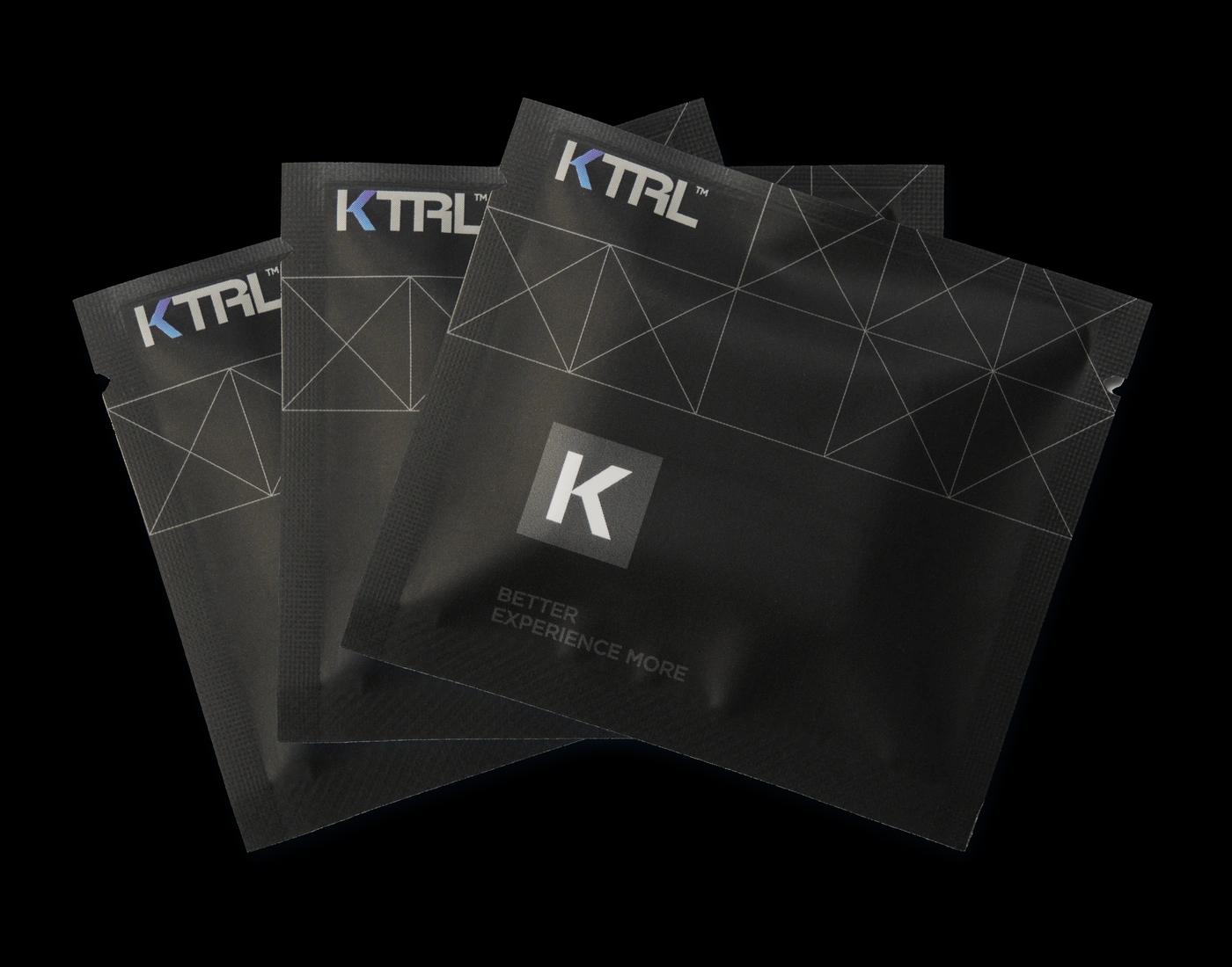 Three KTRL individually sealed pouches in an overlapping fan arrangement