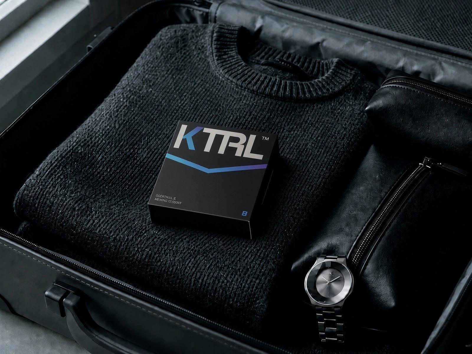KTRL box on a dark sweater inside a suitcase, beside a watch and a travel pouch