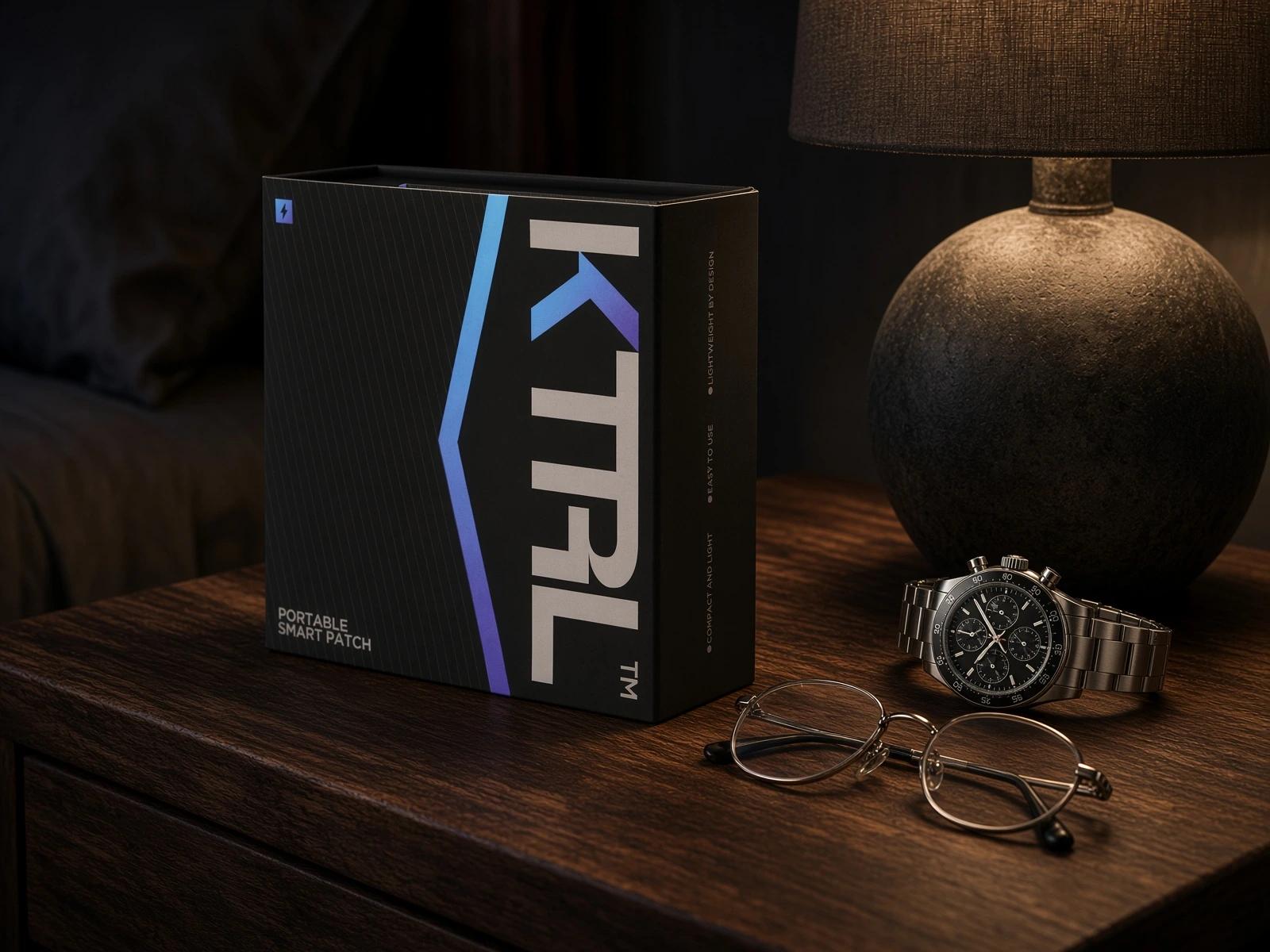 KTRL box on a wooden bedside table with a lamp, watch and glasses