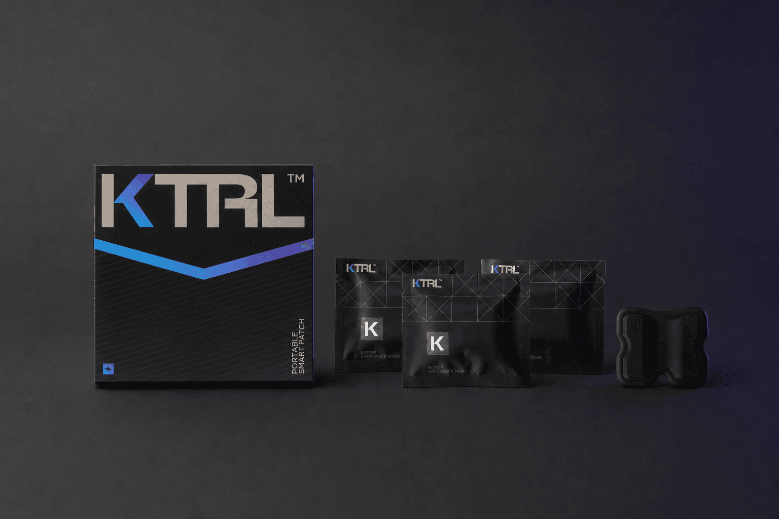KTRL Portable Smart Patch with black retail box and three individually sealed pouches.