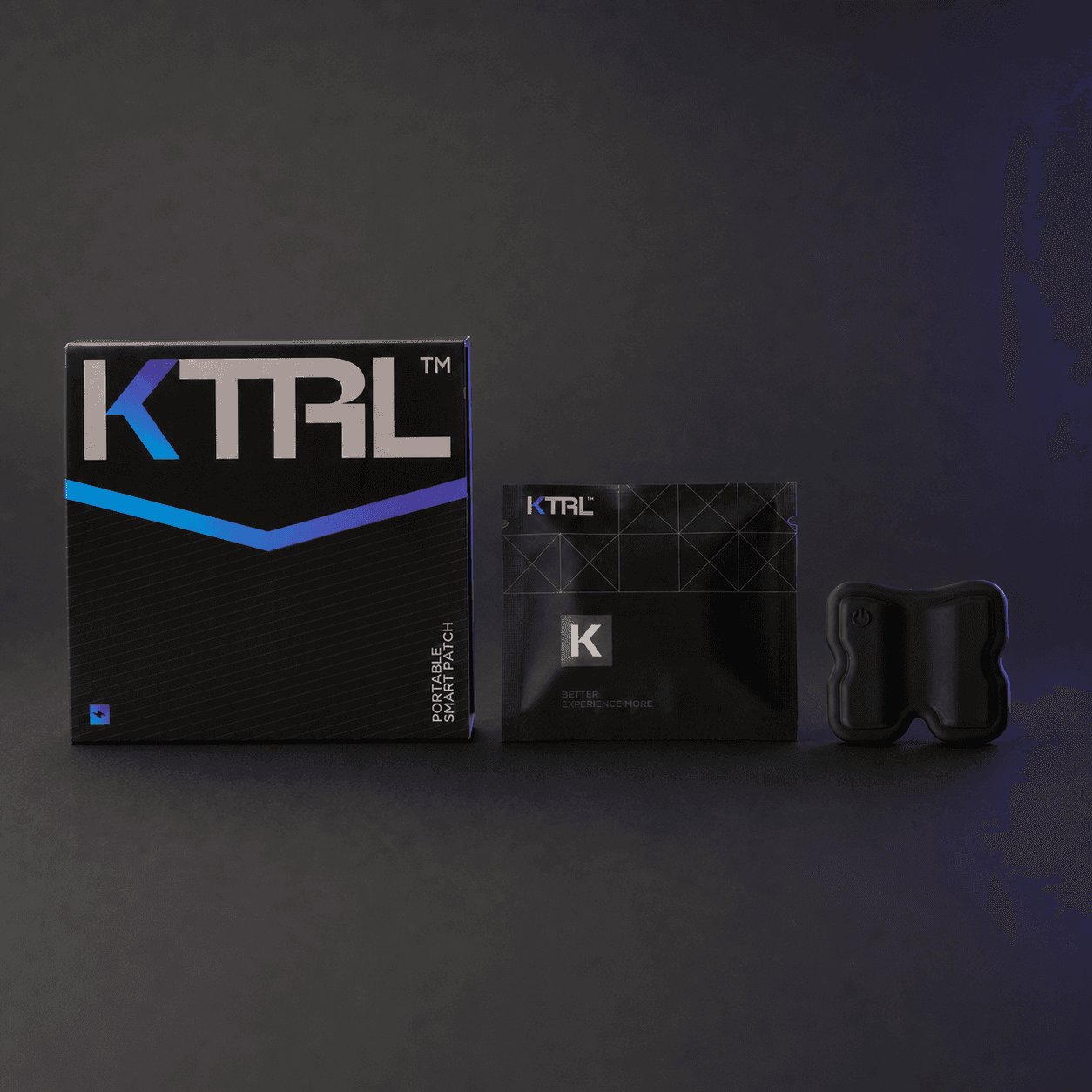 1. KTRL Portable Smart Patch displayed beside its black retail box and a single sealed pouch.